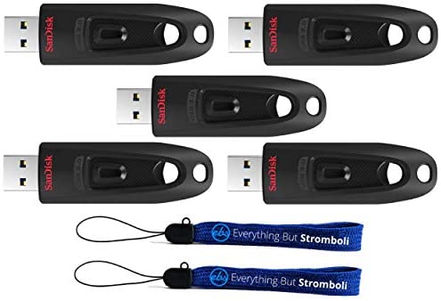 SanDisk Ultra USB (5 Pack) 3.0 128GB CZ48 Flash Drive High Performance Jump Drive/Thumb Drive/Pen Drive up to 100MB/s – with (2) Everything But Stromboli ™ Lanyard