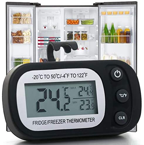 Refrigerator Thermometer Digital Freezer Fridge Room Thermometer, Waterproof Temperature Monitor Thermometer with Large LCD Display, Max/Min Record Function for Kitchen, Home, Restaurants, Black