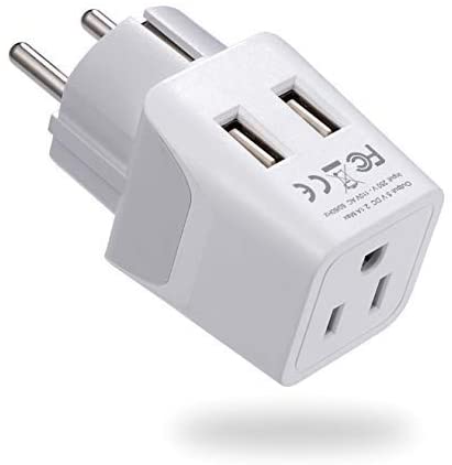 Schuko Korea France Paris Travel Adapter Plug by Ceptics – with 2 USB + USA Socket Input – Type E/F – Ultra Compact – Safe Grounded Perfect for Cell Phones, Laptops, Camera Chargers (CTU-9-A)