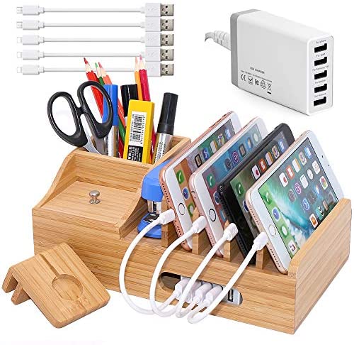 Bamboo Charging Station for Multiple Devices with 5 Port USB Charger, 5 Charger Cables and Apple Watch Stand. Wood Desktop Dock Stations Electronic Organizer for Cell Phone, Tablet, Watch, Office