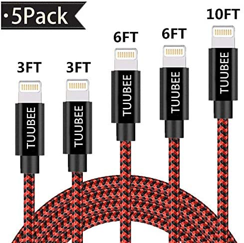 iPhone Charger Cable TUUBEE iPhone Lightning Cable 5Pack 3FT/6FT/10FT Long Nylon Braided USB iPhone Data Cable Wire Fast Charging Cord Compatible iPhone XS/MAX/XR/X/8/7/6/iPad/iPod (Red)