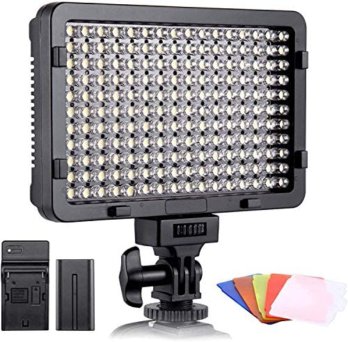 ESDDI LED Video Light, 176 LED Ultra Bright Dimmable CRI 95+ Camera Light with Battery Set and 5 Color Filters for DSLR Cameras Camcorder