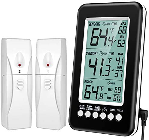 ORIA Refrigerator Thermometer, 2 Wireless Sensors Indoor Outdoor Thermometer, Wireless Digital Freezer Thermometer, Audible Alarm, Min and Max Record, Temperature Display for Home, Restaurants, Bars