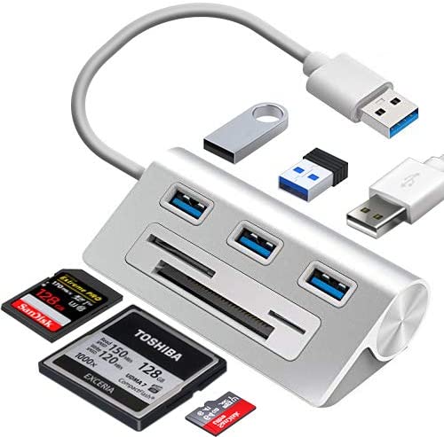 6-in-1 USB 3.0 Card Reader, Aluminum Data USB 3.0 Hub with 3 High-Speed Ports and 1 CF/SD/TF Card Reader, 12″ USB Cable for Mac Pro, iMac, MacBook, Laptop and Desktop PC