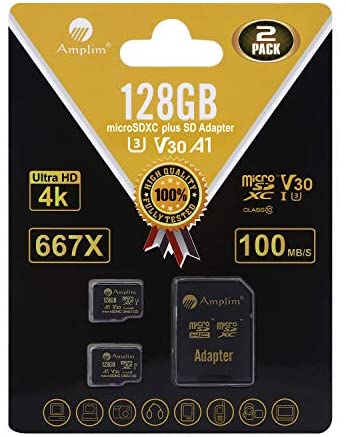 Amplim 2-Pack 128GB Micro SD SDXC Card Plus Adapter Pack – 2X 128 GB MicroSD Card V30 A1 U3 C10 Extreme Speed 100MB/s UHS-I TF XC MicroSDXC Memory Card for Cell Phone, Nintendo, Galaxy, Fire, Gopro
