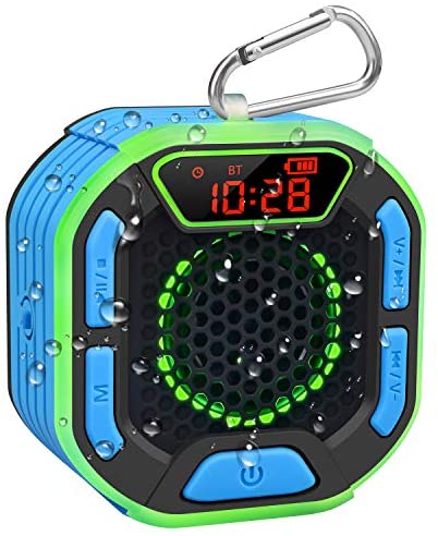 DuoTen Shower Speaker, IPX7 Waterproof Portable Bluetooth Speakers with Loud Stereo Sound, LED Display, Light Show, FM Radio, Suction Cup, Sturdy Hook for Home, Party, Outdoor, Travel, Pool, Hiking