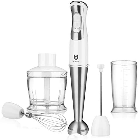 Immersion Hand Blender, Utalent 5-in-1 8-Speed Stick Blender with 500ml Food Grinder, BPA-Free, 600ml Container,Milk Frother,Egg Whisk ,Puree Infant Food, Smoothies, Sauces and Soups – White