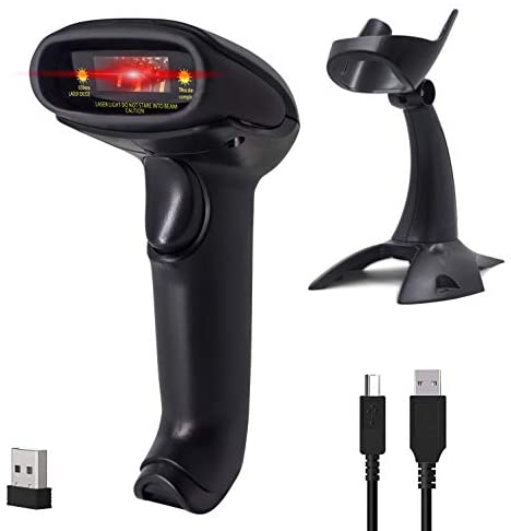 Symcode Barcode Scanner Wireless Versatile 2-in-1 (2.4Ghz Wireless+USB 2.0 Wired) Rechargeable 1D Barcode Reader USB Handheld Bar Code Scanner Wireless with Stand