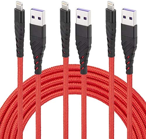 iPhone Charger Cord,3 Pack 10 ft Lightning Cable & Data Sync Fast 10 Foot Nylon Braided Cord Compatible with iPhone Xs max/xr/x/8/8 Plus/7/7plus/6/6s Plus/5s/5,iPad(red)