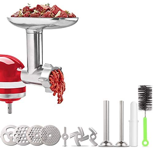 Meat Grinder Attachment for KitchenAid Stand Mixers, Accessories Included 2 Sausage Stuffer Tubes, Durable Metal Food Grinder Attachments by Kitchood, Silver