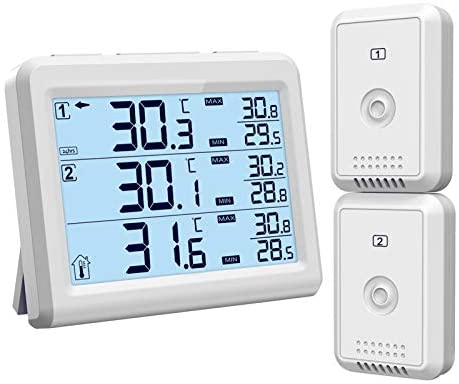 ORIA Refrigerator Thermometer, Wireless Digital Freezer Thermometer with 2 Wireless Sensors, Audible Alarm Indoor Outdoor Temperature, Min and Max Record, Backlight for Home, Office, Restaurants