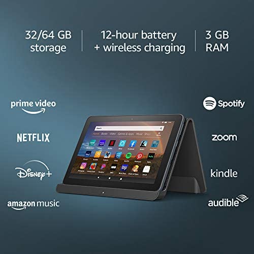 Fire HD 8 Plus tablet, HD display, 32 GB, our best 8″ tablet for portable entertainment, Slate, Without Ads + Made for Amazon, Wireless Charging Dock